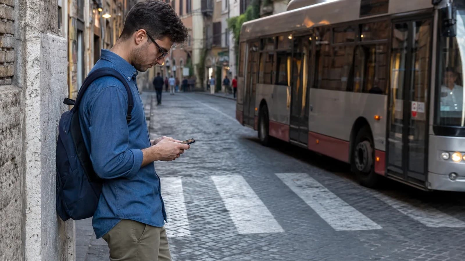 Un giovane uomo appoggiato a un muro controlla il telefono vicino a un attraversamento pedonale mentre un autobus passa su una strada di Roma.