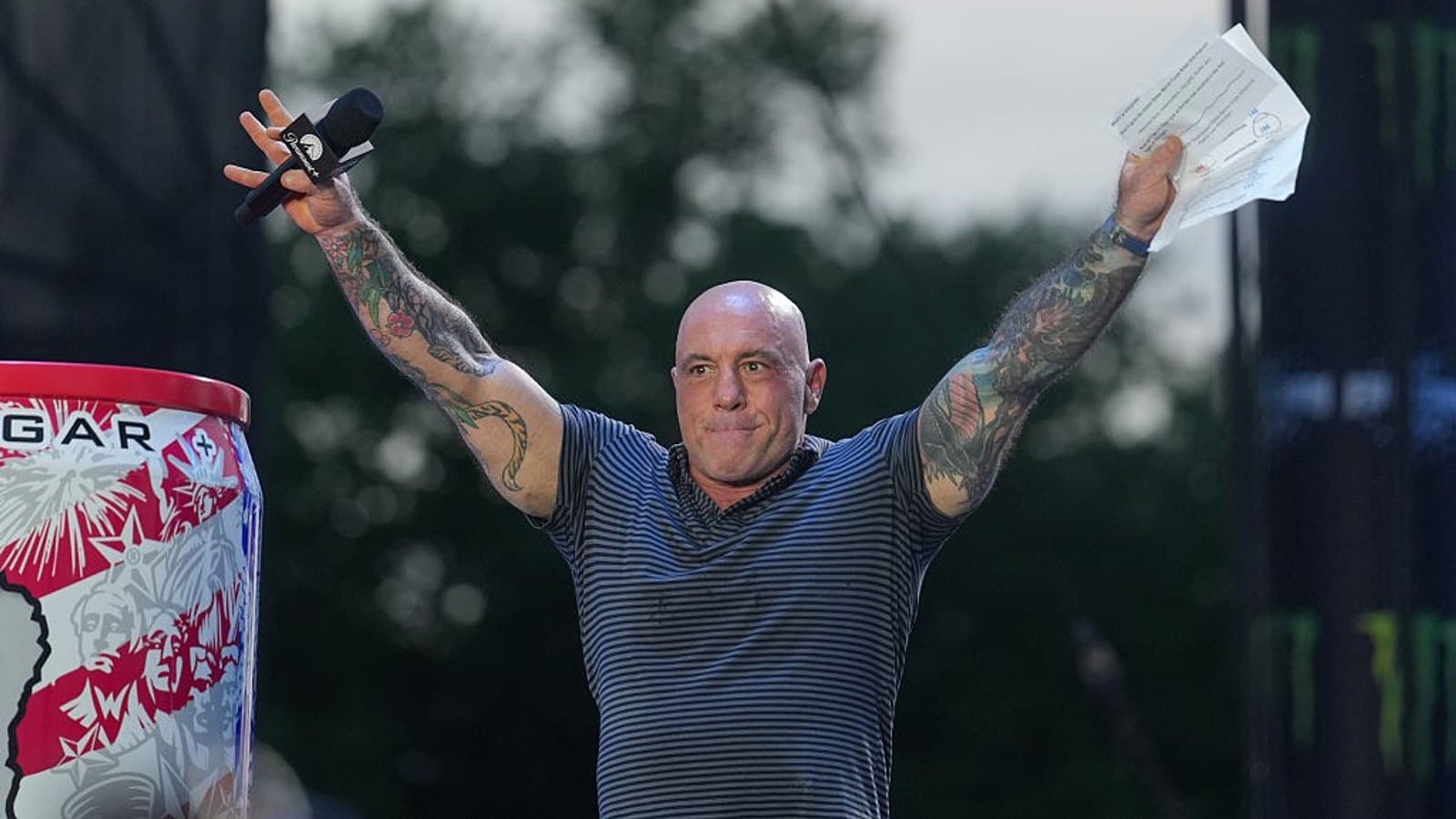 A podcast host on stage with a microphone, arms raised in front of an audience. File photograph. Foto d'archivio.