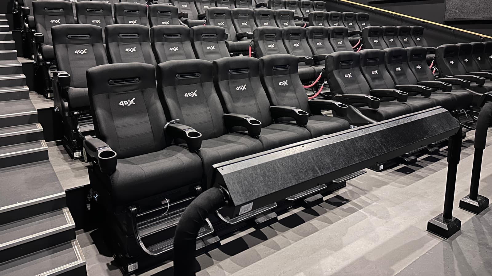 4DX seats in cinema (motion and environmental effects synced with the on screen action) bench rows in a movie theater hall Kinostoler kinosal Kilden kino Tønsberg, Norway 2023 IMG 7849. File photograph. Foto d'archivio.