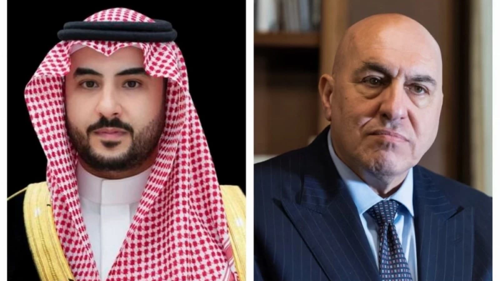 Ritratti affiancati del principe Khalid bin Salman in abito tradizionale saudita e di Guido Crosetto in giacca e cravatta.
