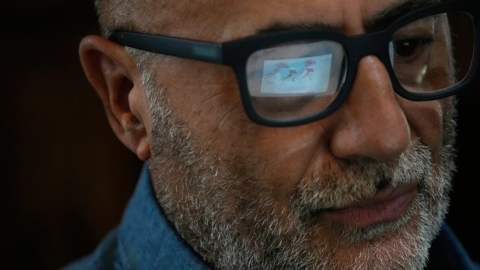 A researcher's glasses reflect a magnified image of mosquitoes displayed on a screen.