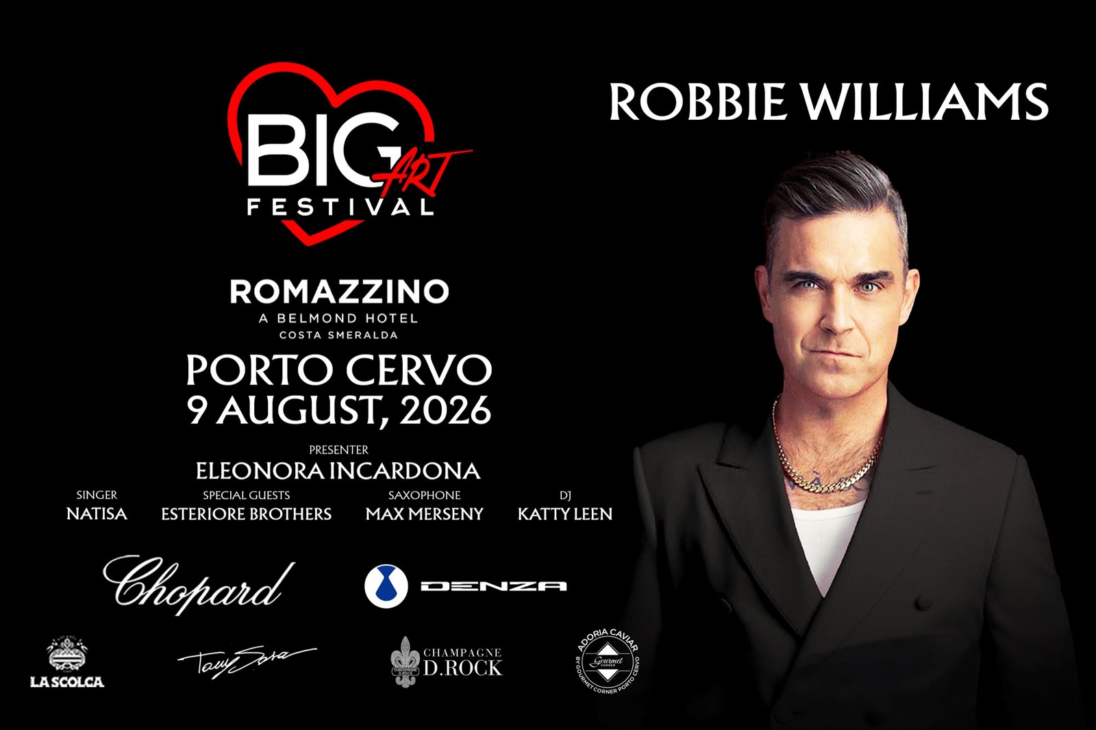 Locandina del Big Art Festival per l'edizione di Porto Cervo, con Robbie Williams al Romazzino il 9 agosto 2026.